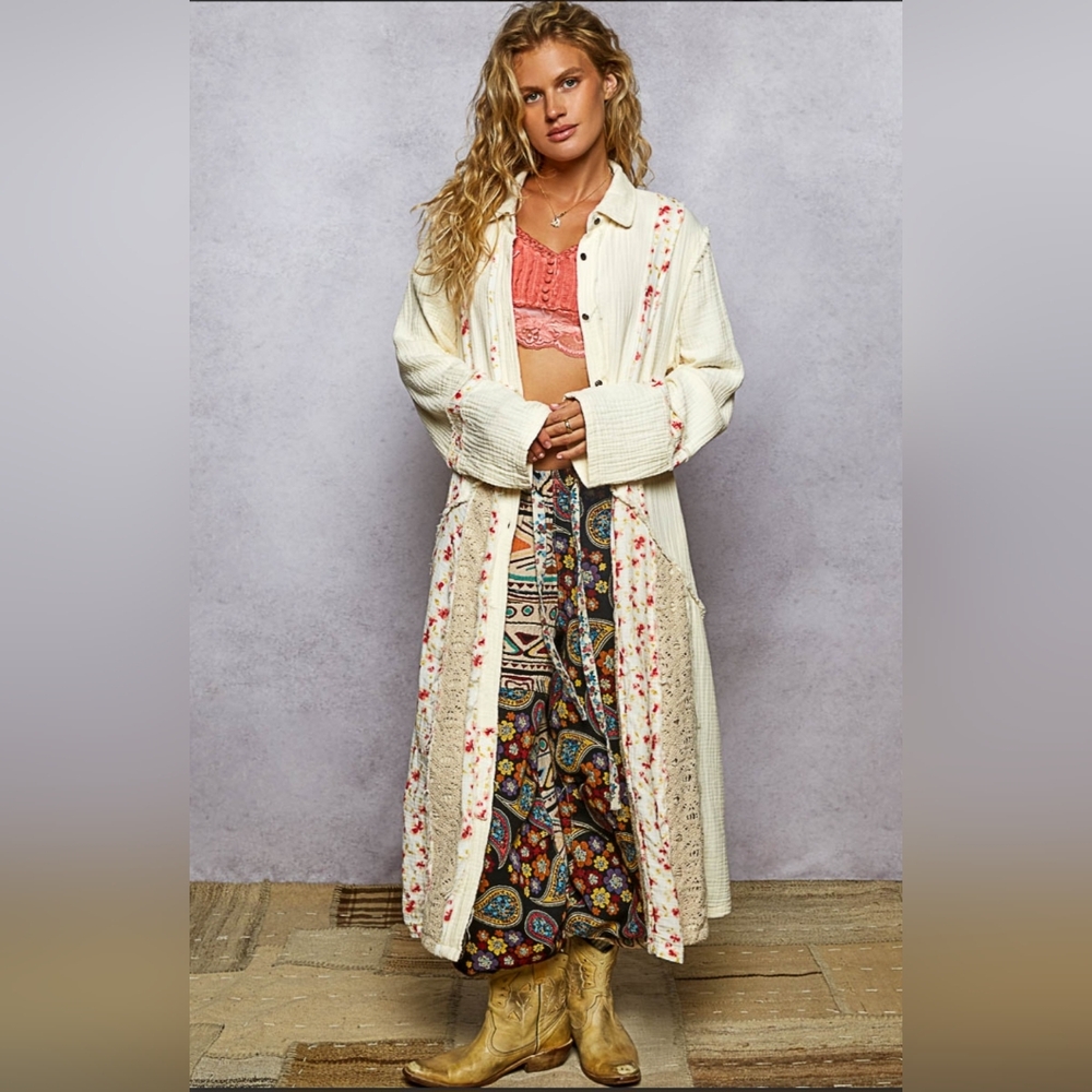 #761 POL Long Jacket In Double Gauze With Floral & Crochet Patchwork - Picture 2 of 5